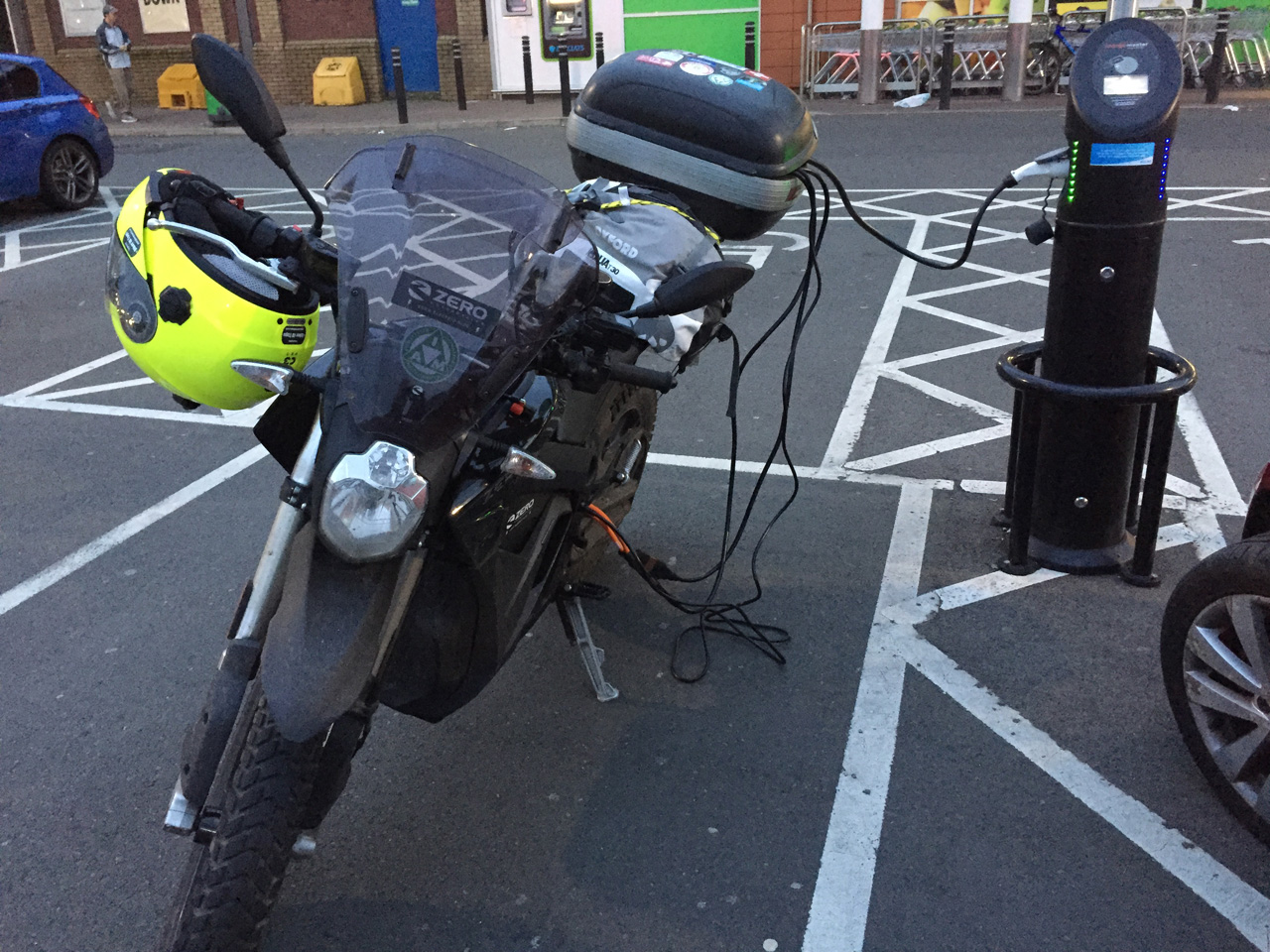 John Chivers' Zero DSR electric motorcycle charging at ASDA, Carlisle.