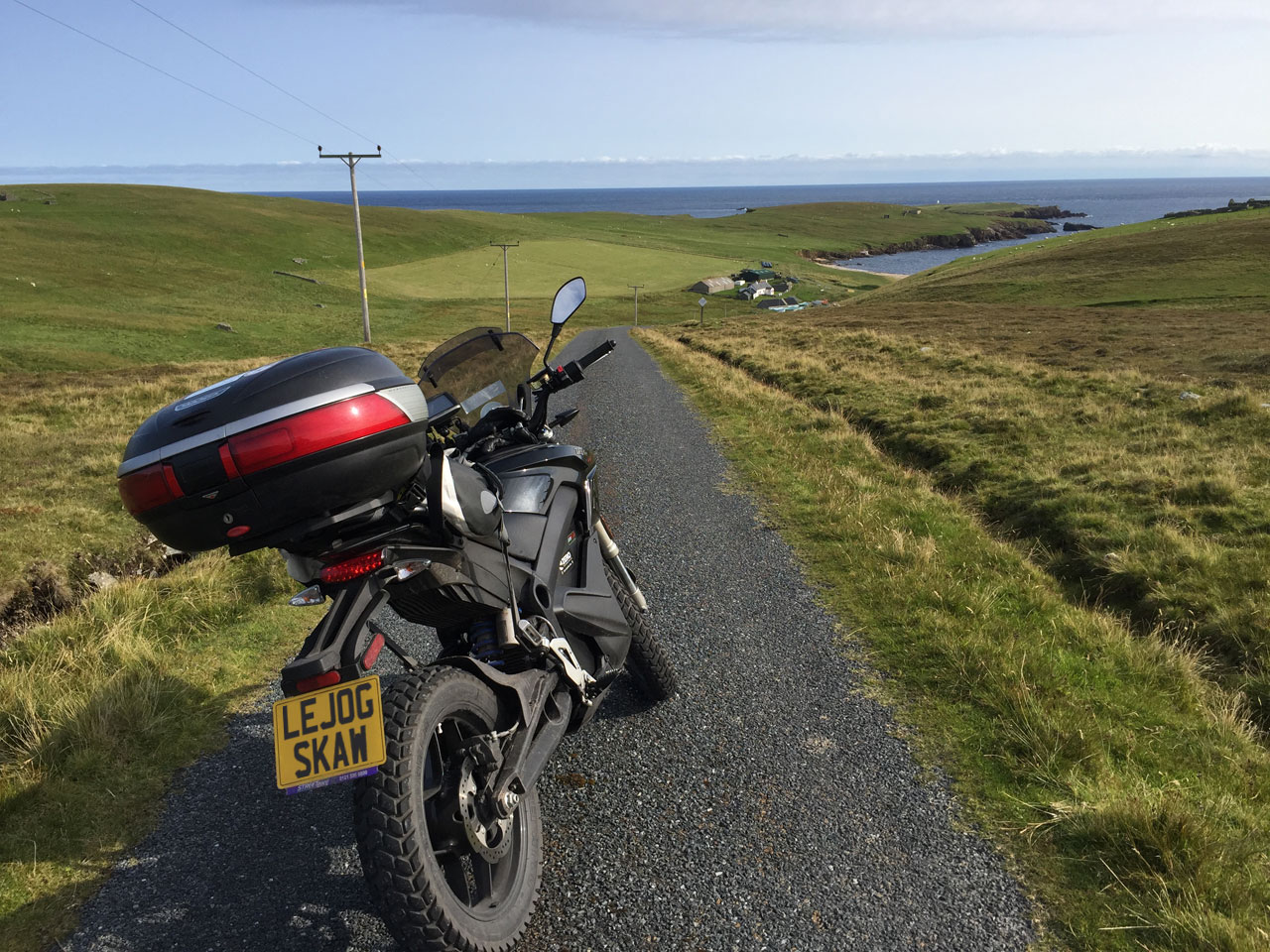 John Chivers' Zero DSR electric motorcycle on the approach to Skaw Beach and Britain's most northerly house on Unst, Shetland.