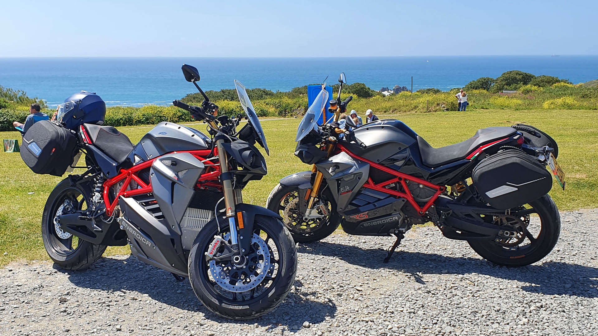 John's Energica EVA Ribelle with the Energica EVA Ribelle RS edition James rode. At Lizard Point, Sunday 12th June, 2022.
